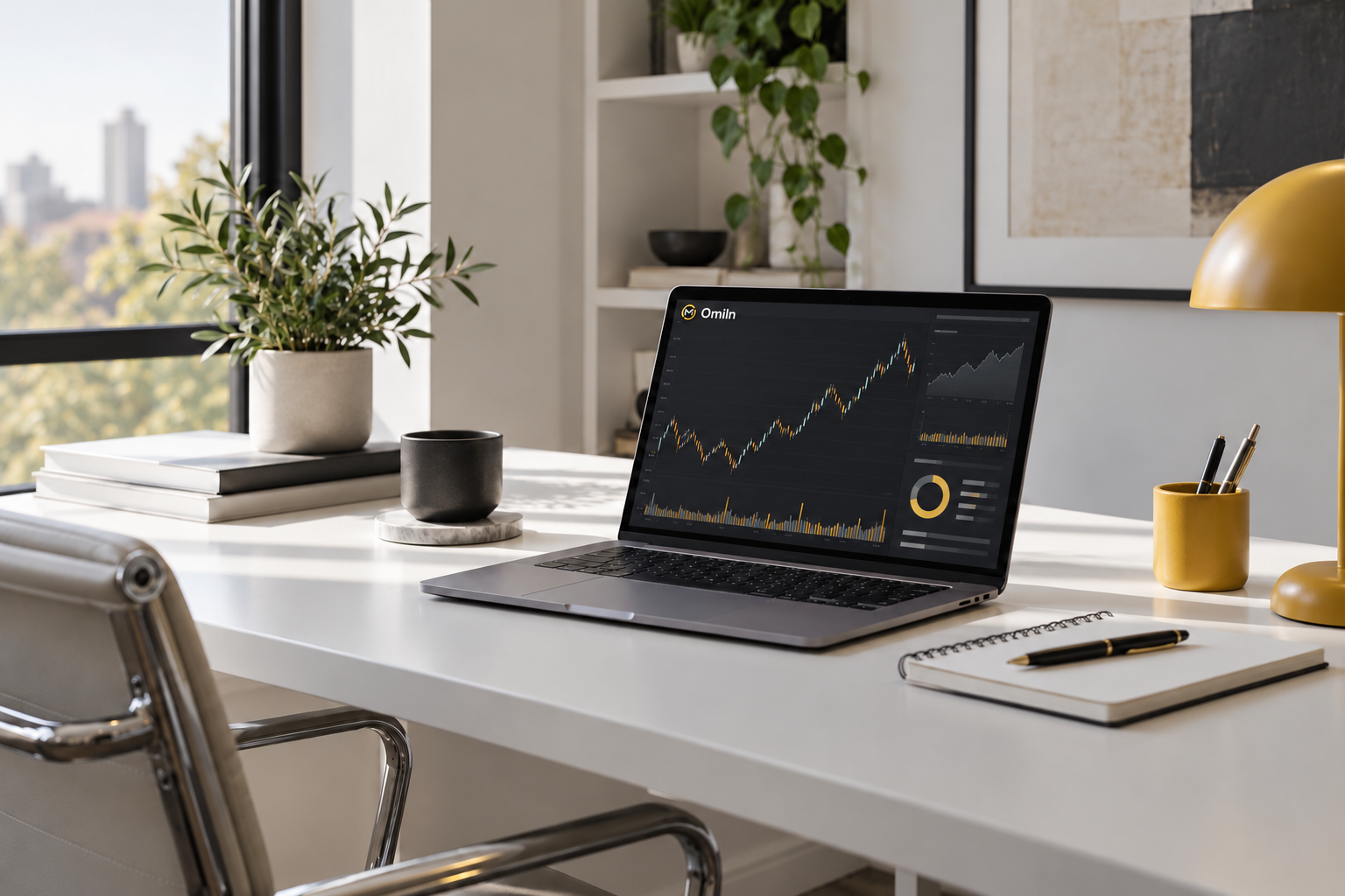 Illustrative bright workspace with a laptop showing an abstract market chart.